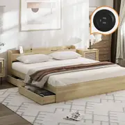 Oikiture Wooden Bed Frame King Size with Charging Ports & 2 Drawers