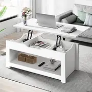 ALFORDSON Lift Tabletop Coffee Table Center Table White Color, Living Room Office Reception Dining Table with Rising Top, Hidden Storage and Open Shelf