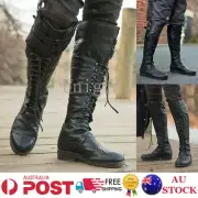 Men's Winter Boots Vintage Medieval Knee High Boots Cross Strap Lace Up Boots