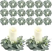 Panelee 20 Pcs Wedding Candle Rings Wreaths Green Eucalyptus Leaves Artificial Leaf Boho Candle Pillars Holder(Elegant Eucalyptus Leaf)
