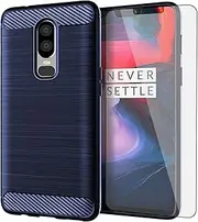 [Asuwish] Phone Case for OnePlus 6 with Tempered Glass Screen Protector Cover and Slim TPU Cell Accessories Protective OnePlus6 A6000 One Plus6 1 Plus 1plus Six One+ 1+ 6 Women Men Carbon Fiber Blue