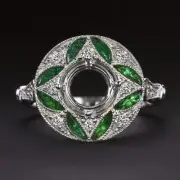 EMERALD DIAMOND RING SETTING ART DECO VINTAGE STYLE HALO WHITE GOLD 6.5mm ROUND