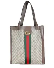 Gucci Brown, Multicolor, Neutral Coated Canvas, Leather Web Ophidia Vertical Shopping Tote (Authentic Pre-Loved)