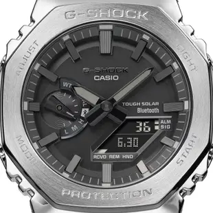 CASIO 卡西歐 G-SHOCK 八角農家橡樹 全金屬版 太陽能藍芽連線雙顯手錶-銀 GM-B2100D-1A
