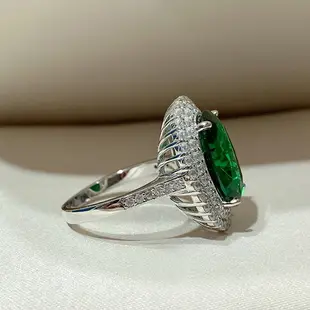 橢圓形綠寶石包碎鉆祖母綠戒指女純銀10克拉精工微鑲嵌