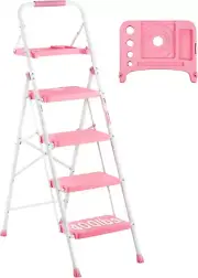 4-Step Ladder, Folding Step Stool with Tool Platform, Wide Anti-Slip Pedals, Max
