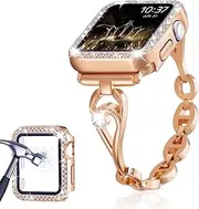 Slim Dressy Band and Case Compatible with Apple Watch Band 40mm 41mm 42mm 44mm 45mm, Women Bling Apple Watch Screen Protector Case & Thin Replacement Wristband for iWatch Series 9/8/7/6/5/4/SE