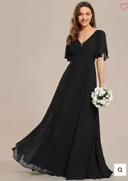 NWT Ever-Pretty Black Chiffon Size 8 Short Sleeves Empire Waist Bridesmaid Dress
