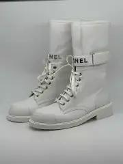 CHANEL 22A Signature Leather Lace Up Combat Biker Mid Calf Flat Boots $1900