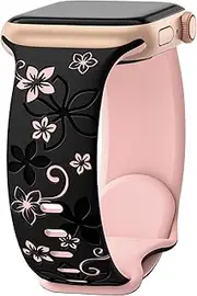2 Pack Floral Engraved Bands Compatible with Apple Watch Band 40mm 41mm 38mm 42mm Women,Silicone Soft Breathable Sport Strap for iWatch Series 10 9 8 7 6 5 4 3 2 1 SE