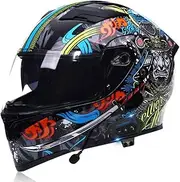 Bluetooth Modular Motorcycle Helmet, Double Sun Visor Full Face Motorbike Scooter Helmet, ECE Approved Adults Motocross Moped Crash Helmet for Men Women D,XL=61-62CM