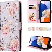 [UEEBAI] Wallet Case for Samsung Galaxy A15 4G/5G, PU Leather Phone Cover Kickstand RFID Blocking Flip Case Card Slots Wrist Strap Relief Engraved Pattern Magnetic Closure Folio Cover - Purple Rose
