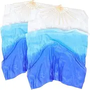 [Totority] 1 Pair Handmade Faux Silk Veil Fans Soft Comfortable Long Folding Fans with Gradient Color for Engaging Dance Performances
