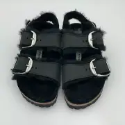 Birkenstock New w/ Box Milano Big Buckle Black Oiled Leather Shearling Regular
