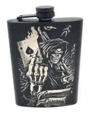 Liquor Hip Pocket Flask Bundle Engraved Grim Reaper Game Over Ace Drinking Gift