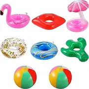 8 Pieces Inflatable Drink Floaties Holder & Beach Ball Inflatable Pool Drink Cup for Girl Dolls Pool Floats Accessories Cup Holder Set Water Toys for Family Pool Beach Party Hot Tub Water Fun Prop