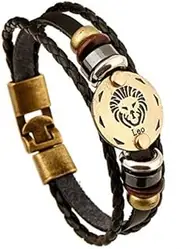 [NA] YU XIN SHANG MAO Retro 12 Zodiac Constellation Alloy Leather Hand Woven Braided Rope Bracelet Punk Chain Cuff (Leo)