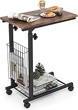 Giantex C-Shaped Side Table, Height Adjustable End Table with Detachable and Lockable Wheels, Side Basket and Bottom Mesh Storage, Slide Under Sofa Table for Living Room and Bedroom (Rustic Brown)