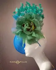 Kentucky Derby Hat Light Blue Chartreuse Green Fascinator Rose Mother of Bride