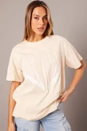 Beige Graphic Tee Short Sleeve - Size M, Women's Graphic Tee