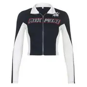 Long Sleeve Lettering Print Color-Block Crop Jacket Blue - M