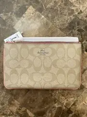 NWT Coach Large Wristlet in Signature Coated Canvas Light Khaki/Blush F58695