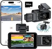 Dash Cam Front and Rear, Car Camera with 64GB Card, 3 Channel Dash Camera for Cars, G-Sensor, 3”IPS Screen, 24Hr Parking, 170°Wide Angle, Loop Recording, IR Night Vision