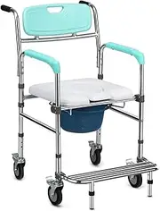 Bedroom with Wheels Commode Toilet Chair Shower Chair for Elderly Height Adjustable Bedside Commode Transport Wheelchair with Footrest Wheeled Commode Toilet Chair 330 Lbs