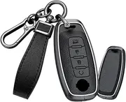 TECART Smart Car Key Case fit for Nissan Protection Key Fob Holder Keyring fit for Nissan X-trail 2023 Aluminum Alloy +Leather Key Shell Cover Remote Control Key Cover Accessories 4 button A Black