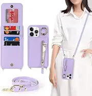 Cavor Vertical Flip Cover for iPhone 14 Pro Leather Case 6.1'' Crossbody Wallet Card Slots with 360°Rotation Ring Holder Kickstand & Long Shoulder Lanyard Strap-Purple