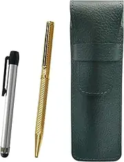 Grain Leather Pencil Case Moss Green Metal Touch Stick Silver and Brass Hex Rotating Holi Gold Ballpoint Pen Set Gold SASMG-ALST-6KSBP-K