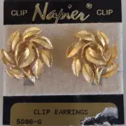 Vintage Napier Round Swirl Branch Leaf Earrings Brushed Gold Tone Clip On