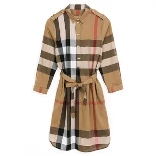 【BURBERRY 巴寶莉】BURBERRY 格纹束腰 襯衫式連衣裙-棕色