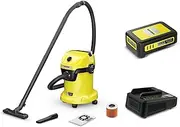 Kärcher WD 3-18 Wet and Dry Vacuum with 75W Suction Power, Plastic Barrel, 2m Suction Hose, Filter Bag and Crevice Nozzle, 17 Barrell Capacity, 2.5ah Battery & Charger Included