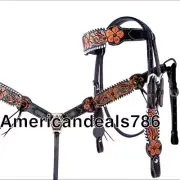 Western Brown Leather Hand Carved Headstall & Breast Collar With Buckstitch
