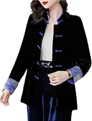 [QPZK] Women Chinese Velvet Tang Suit Hanfu Jacket Embroidery Chinese Traditional Clothing, Vintage Oriental Cotton Coat