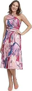 [London Times] Women's Ruched One Shoulder Mesh Midi Dress Guest of Occasion Wedding Event, Soft