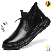 黑色皮革防水安全工作鞋男士鋼頭辦公靴鞋堅不可摧施工男靴鞋 JM0G