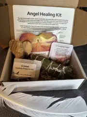 ANGEL HEALING Kit-Palo Santo Wood Angel, Cedar Smudge Wand, Crystal, Feather +