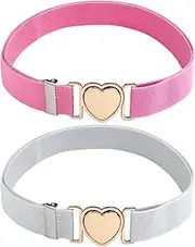 [Mikovivi] 2pcs Girls Belt for Waist, Pink White Kids Elastic Waist Belts Adjustable Stretch Belts for Women Fashion Waistband with Heart Clasp for Dress Jeans Pants Decorations, Pink, White