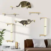 PawHut Cat Wall Shelves with Scratching Posts Jumping Platforms Ladder Oak