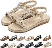 [Generic] Women's Summer Bohemian T-Strap Open Toe Sandals Braided Flat Casual Slippers Ladies Ankle Elastic Thong Beach Flip Flops (Beige 04 4.5 UK)