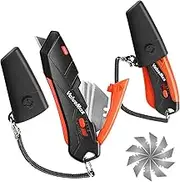 ValueMax 2-Pack Box Cutter Knife, Self-Retracting 3-Position Locking Blade, Safety Sheath, Lanyard, Extra Blades Included