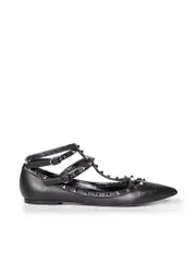 Black Leather Rockstud Ankle Strap Flats
