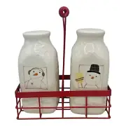 Hallmark Milk Jug Snowmen Salt & Pepper Shakers Ceramic With Metal Holder