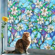Stained Glass Window Film：Static Cling Window Privacy Film Decorative UV Sun Blocking Non-Adhesive Glass Window Covering for Home Bathroom (Blue,17.5 x 78.7inch)