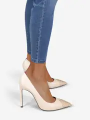 Beige Leather Point Toe Stud Pumps