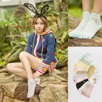 在飛比找蝦皮購物優惠-現貨》日系♬森林系韓國拼色小兔子刺繡五指襪精梳棉短襪棉襪