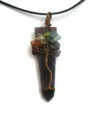Chakra Tree Of Life Amethyst Crystal Gemstone Pendant with Cord Necklace