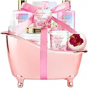 Mother Gift Bath Set for Women, Luxury Home Spa Kit Rose Bath Gift Basket 9Pcs, Includes Shower Gel, Body Lotion, Bath Salts, Bath Bomb, Spa Candle, Relax Bath Puff and More, Christmas Gift for Her